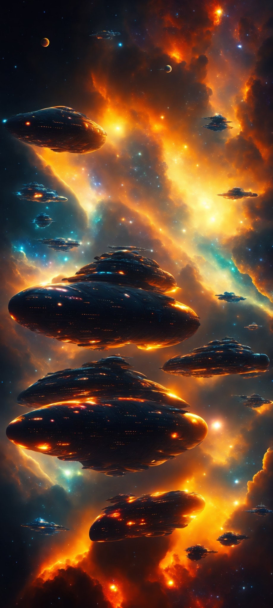 Dark oval-shaped UFOs in vibrant cosmic scene with stars, nebulae, and planet