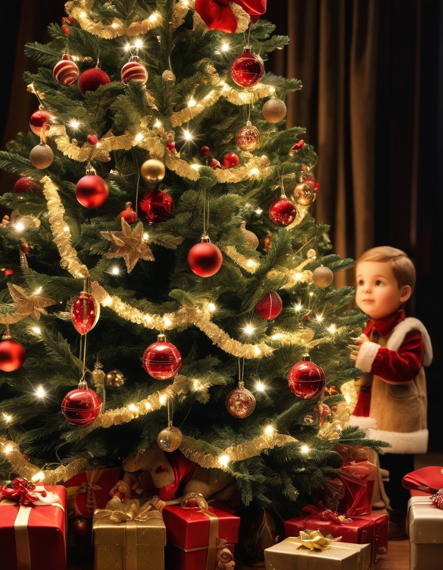 Child admires brightly decorated Christmas tree with glowing lights and red ornaments