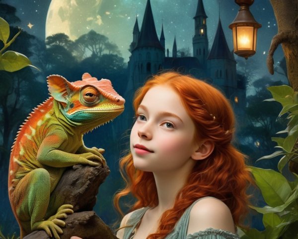 Red-haired girl in green dress with chameleon under moonlit night.