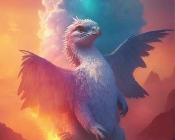 Mythical bird with bright feathers soaring above mountain and colorful sky