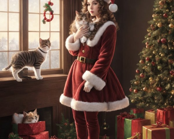 Woman in Santa outfit with cats in Christmas room.