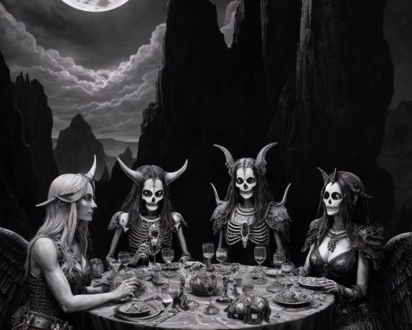 Skeletal Figures with Wings at a Moonlit Banquet