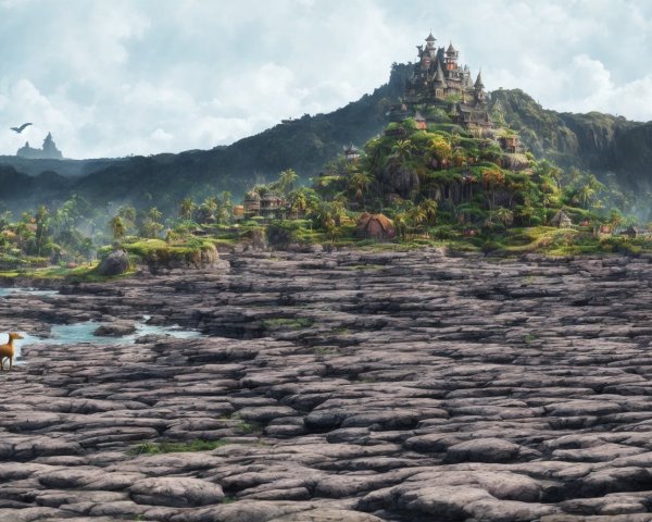 Horse on rocky terrain overlooking ocean with hilltop village and birds