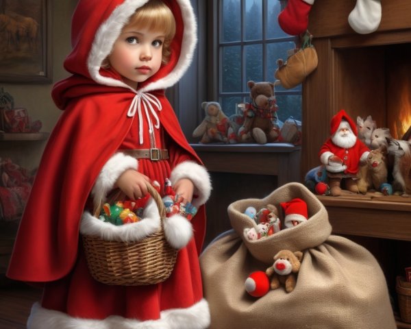 Child in Red Hooded Cloak with Toys in Christmas Decorated Room