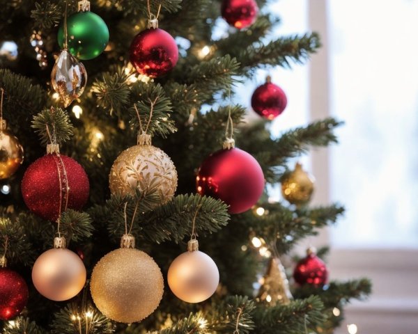 Red and Gold Ornamented Christmas Tree with Twinkling Lights