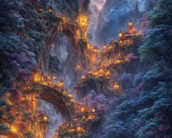 Luminous fantasy forest with tree-carved dwellings under twin moons