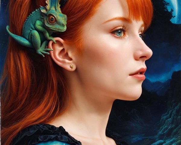 Red-haired woman with green dragon on shoulder under crescent moon