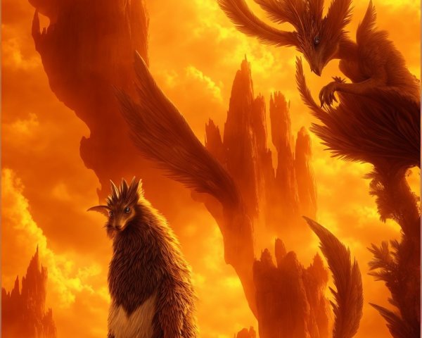 Fantasy scene: Dragons flying over rocky formations in fiery sky