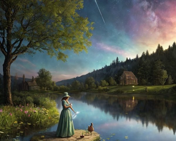 Woman in vintage dress by tranquil lake at dusk with shooting star, dog, cottage, and starry