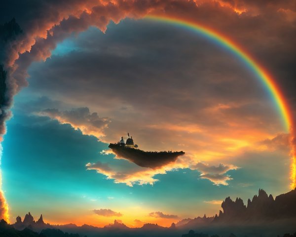 Circular rainbow, sunset, floating land with trees, silhouette of person under dramatic sky