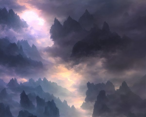 Mystical mountain landscape at twilight with traditional illuminated buildings amid rugged peaks and mist.