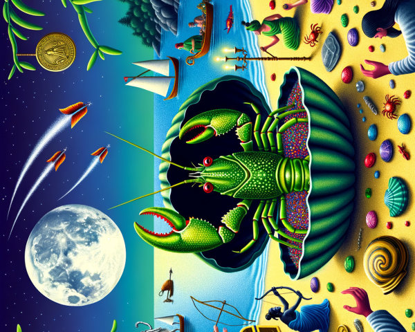 Surreal Beach Scene with Colorful Lobster and Sea Creatures