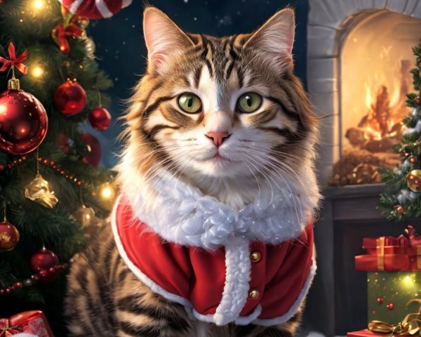 Tabby Cat in Santa Costume by Christmas Tree and Fireplace
