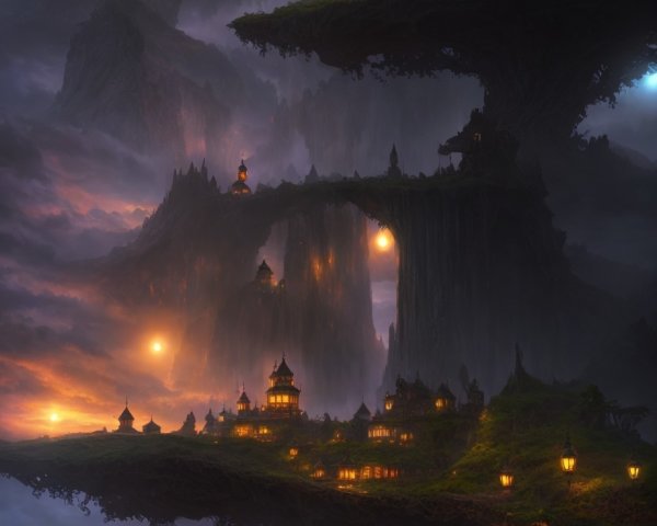 Mystical nighttime landscape with waterfalls, floating mountains, pagodas, and crescent moon