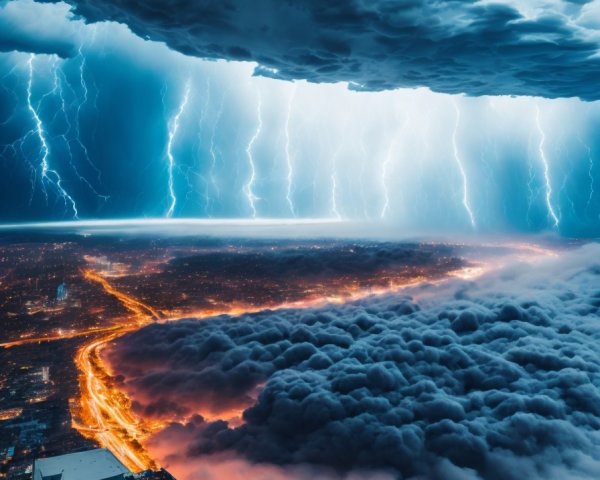Dramatic Sky with Lightning Over Foggy Cityscape
