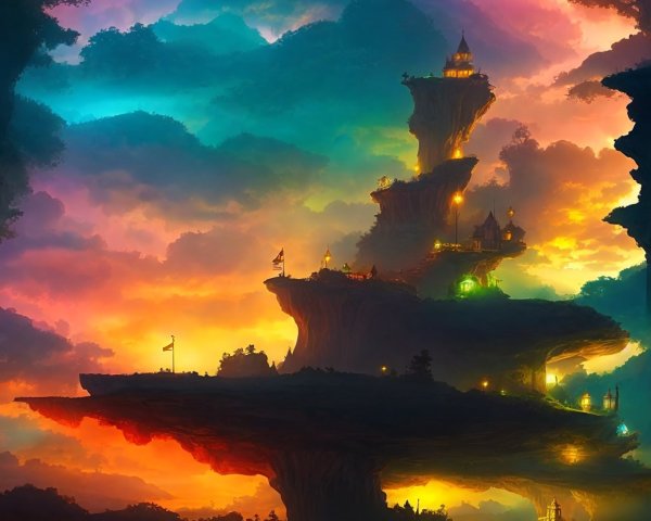 Fantasy landscape: floating islands, illuminated buildings, colorful sky