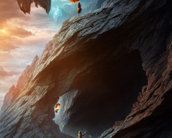 Fantasy scene: adventurers, dragons, rocky cliff, dramatic sky, blue orb, mountains
