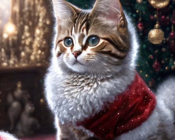 Tabby Kitten with Blue Eyes in Santa Cloak by Christmas Tree