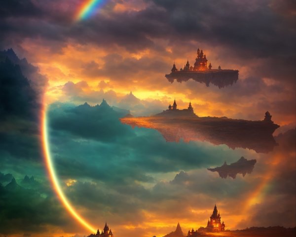 Fantastical landscape with floating islands, castles, vibrant rainbow, fiery clouds, and glowing mol