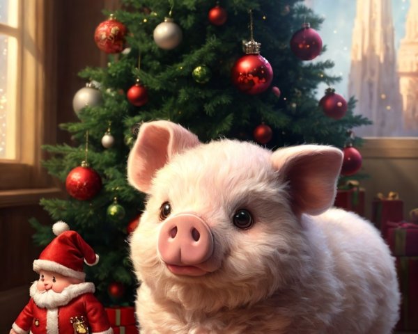 Adorable piglet with Christmas tree, gifts, and Santa figure in cozy room