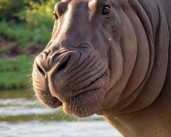 Close-up of Hippopotamus Head Emerging from Water
