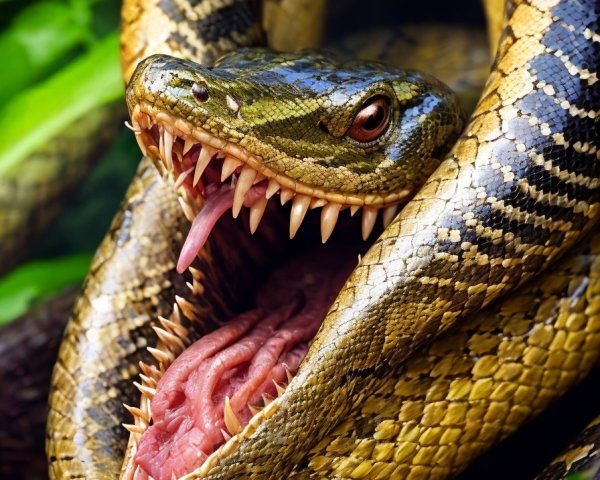 Close-up of a coiled snake with open mouth and fangs
