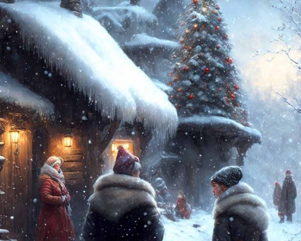 Winter Village Scene: Snowy Setting with People and Christmas Tree