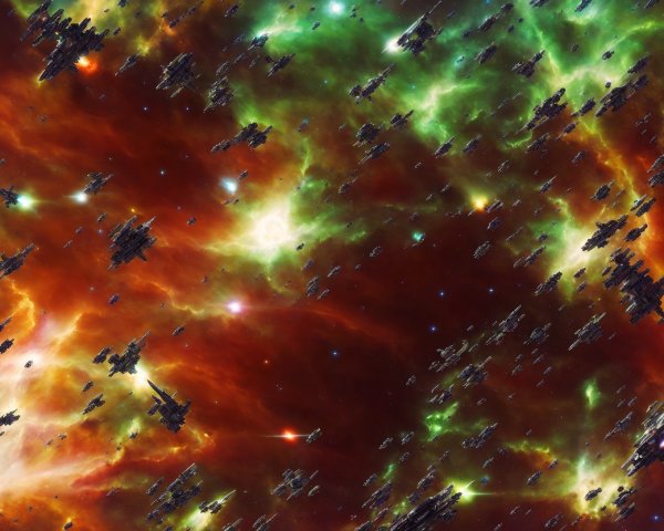 Colorful Space Scene: Spaceships in Vibrant Nebula