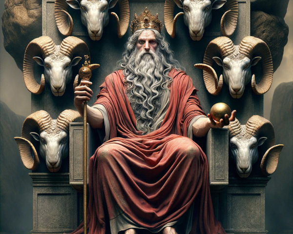 Majestic figure on stone throne with scepter and robe