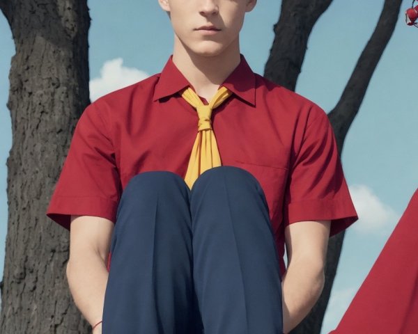 Blond person in red shirt and yellow tie sitting near tree under blue sky
