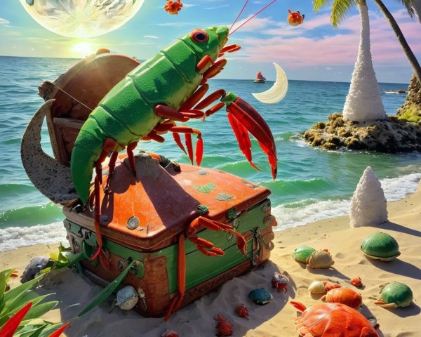Whimsical Beach Scene with Green Lobster and Moon