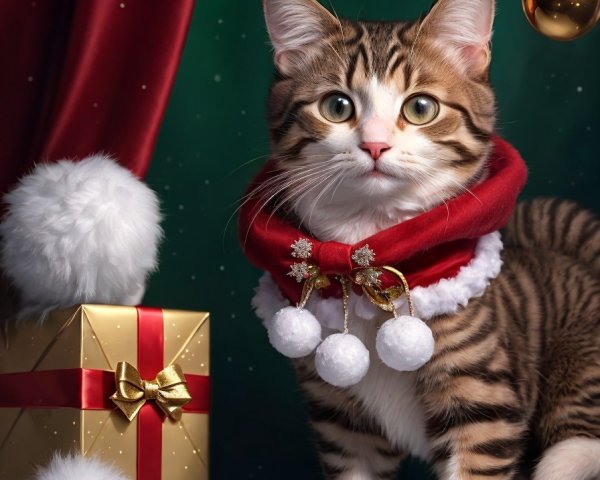 Tabby Kitten with Red Collar Beside Gold Gift Box and Christmas Decorations