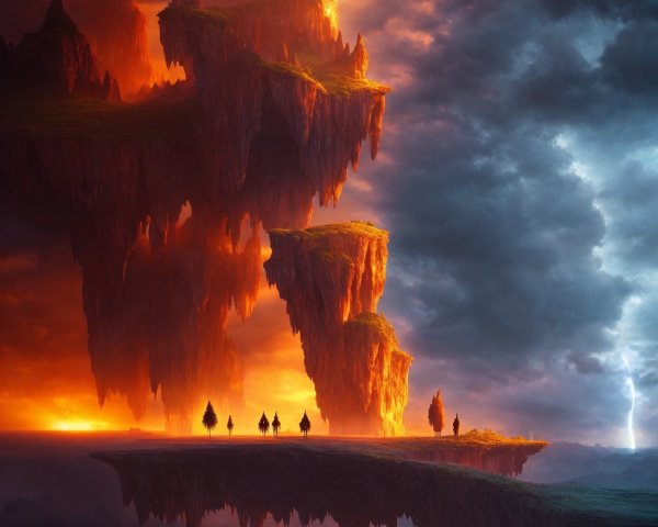 Floating island with castle above fiery landscape and figures near reflective water.