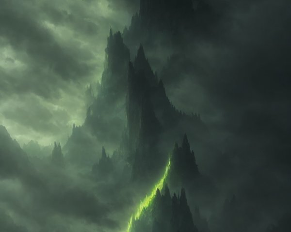 Mystical landscape with towering mountains, person on cliff, giant bird-like creature