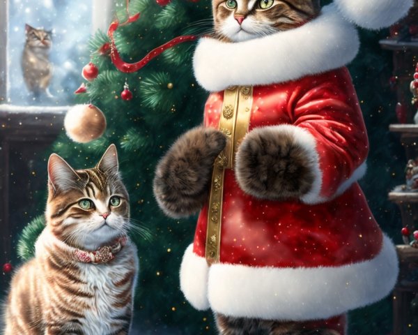 Whimsical painting of cats in Santa Claus outfits with Christmas tree