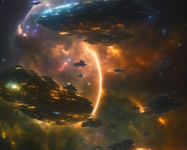 Colorful Cosmic Scene with Galaxies, Stars, and Nebulas in Orange, Yellow, and Blue