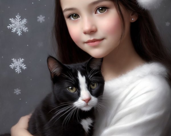Young girl in Santa hat with black and white cat on grey background.