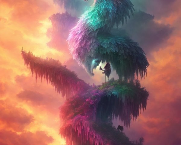 Fantasy artwork: Feathered serpentine creatures on landmasses