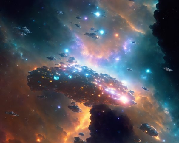 Detailed spaceship in vibrant cosmic scene with colorful stars and nebula