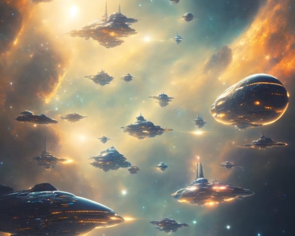 Futuristic spaceships in starlit nebula with cosmic colors