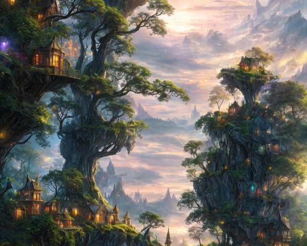 Ancient forest with towering trees, bridges, and treehouses at sunrise