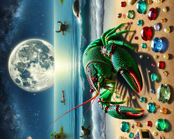Surreal Coastal Scene with Gem-Adorned Lobster and Turtles