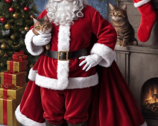 Santa Claus with cats in Christmas room.