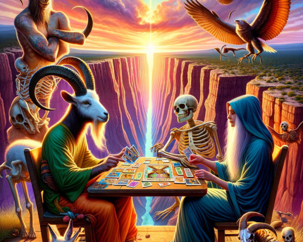 Surreal Board Game Scene with Goat-Headed Figure
