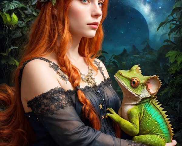 Red-haired woman with leaf crown holding green chameleon in forest setting