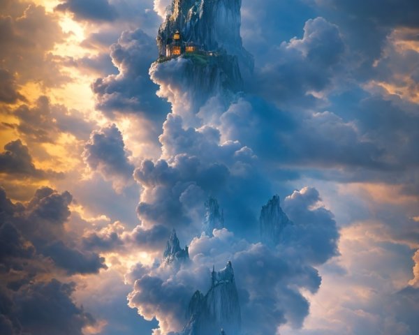 Majestic rock formations in misty sea under sunny sky