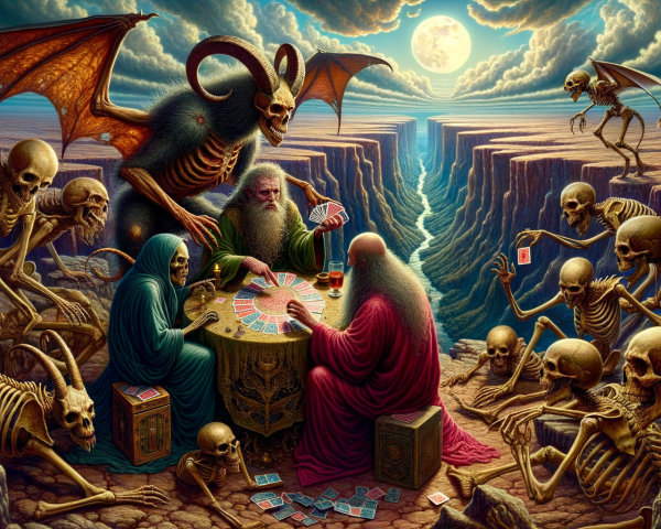 Surreal Scene of Robed Figures Playing Cards at Night
