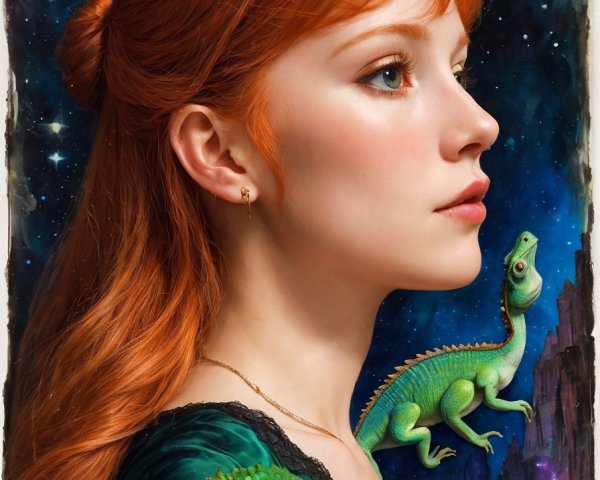 Red-haired woman with green dinosaur on shoulder in starry setting