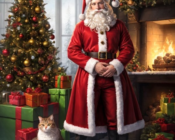 Santa Claus with tabby cat by Christmas tree and fireplace