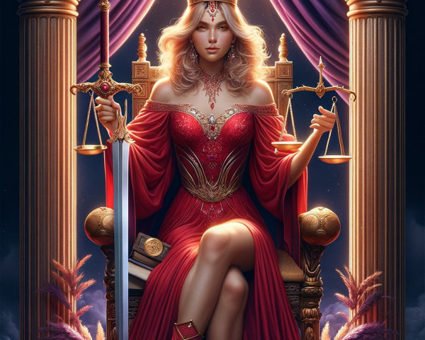 Regal Figure of Justice on Throne with Scales and Sword